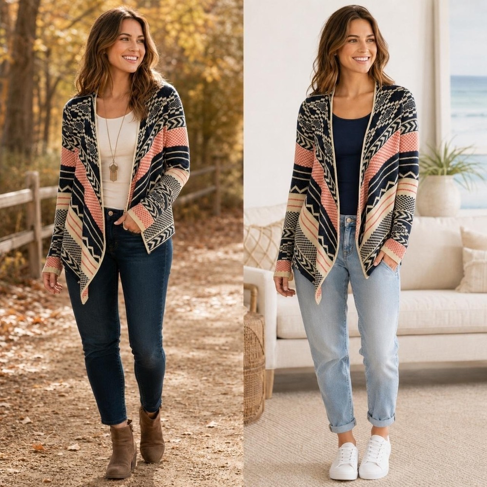 Say What Women's M Geometric Waterfall Cardigan Navy Coral Made USA Southwestern
